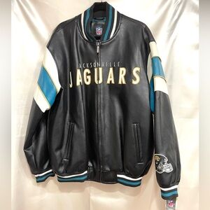 Vintage NFL Jacksonville Jaguars Black and Teal Heavy Leather Bomber Jacket